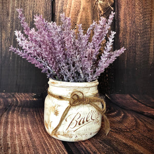 White small mason jar for tiered tray with lavender | Lavender rustic wedding centerpieces for tables | Lavender in mason jars decor |
