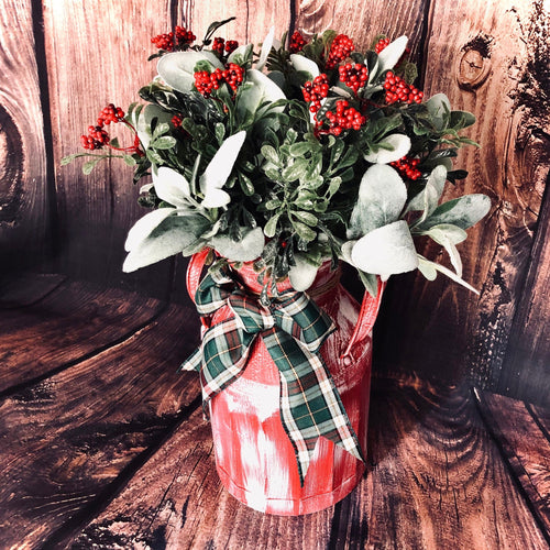 Red Christmas milk can centerpiece | Old time country Christmas floral arrangement | Red milk jug vase | Rustic holiday decorations