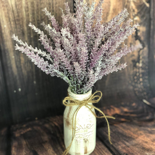 Milk bottle vase with lavender | White farmhouse vase for kitchen | Milk bottle centerpiece for baby shower | Dairy bottle rustic home decor