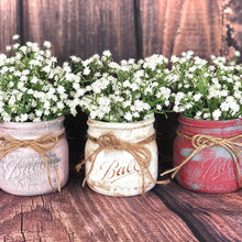 Load image into Gallery viewer, Pink red white mason jars | Babys breath in vases | Valentines day decorations for mantle | Pink red and white home decor for kitchen