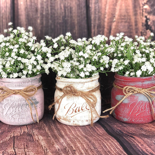 Pink red white mason jars | Babys breath in vases | Valentines day decorations for mantle | Pink red and white home decor for kitchen