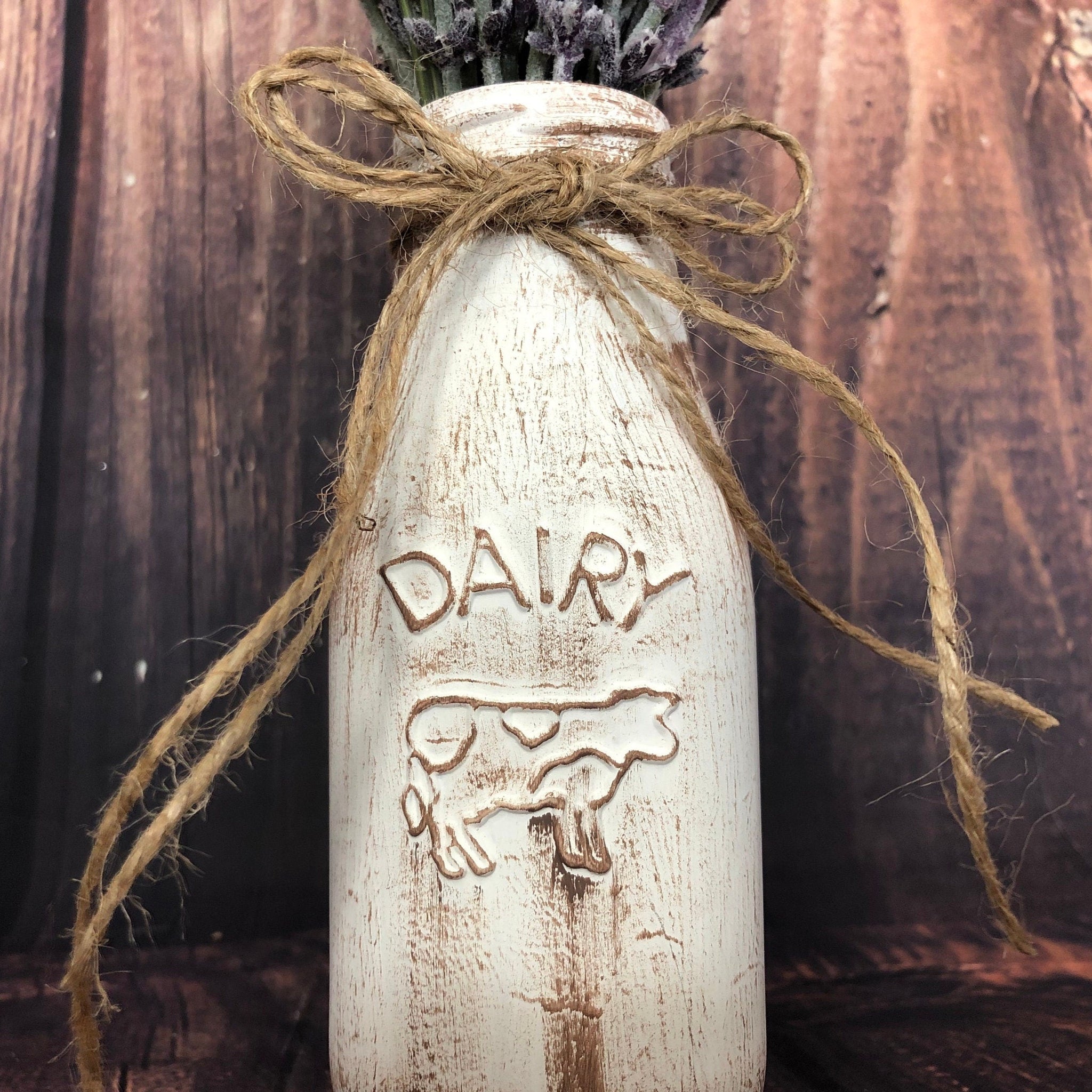 Milk bottle vase with lavender  White farmhouse vase for kitchen